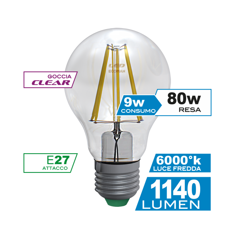 Goccia Filamento Clear 9W E27 Luce Fredda