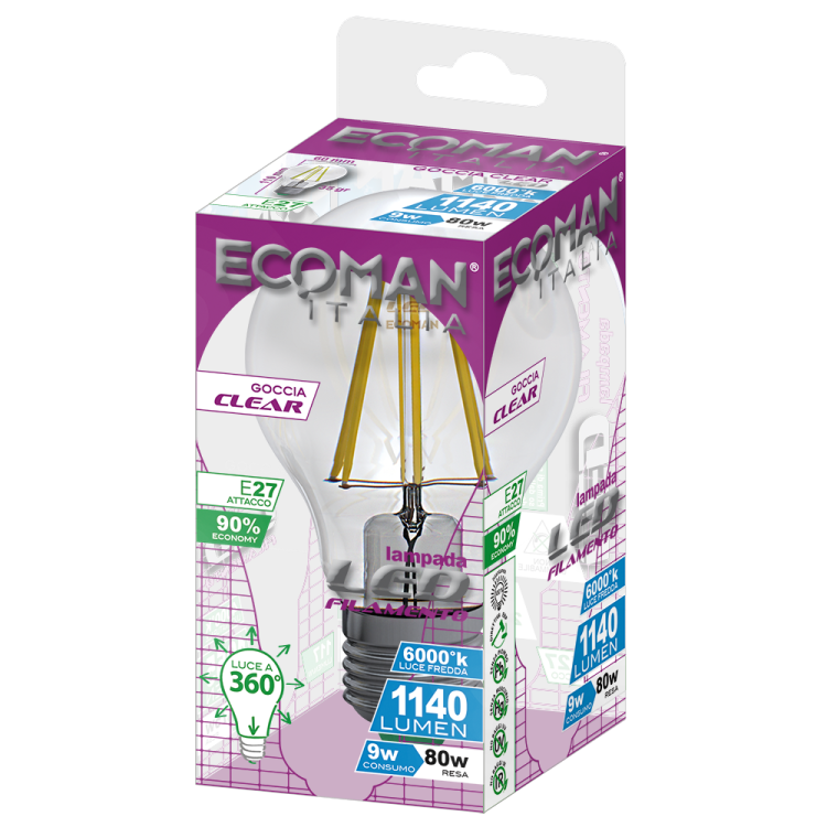 Goccia Filamento Clear 9W E27 Luce Fredda