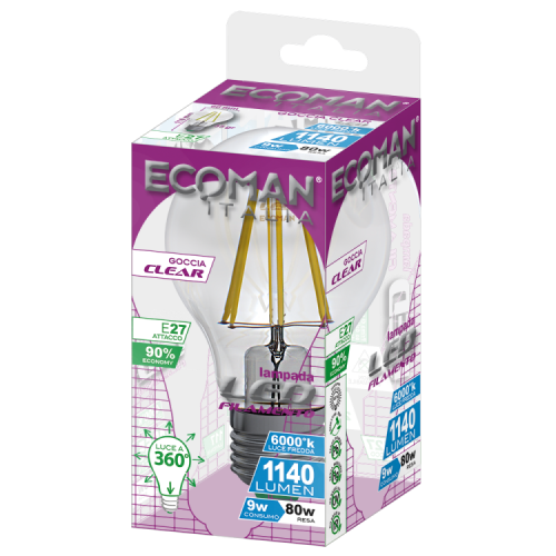 Goccia Filamento Clear 9W E27 Luce Fredda