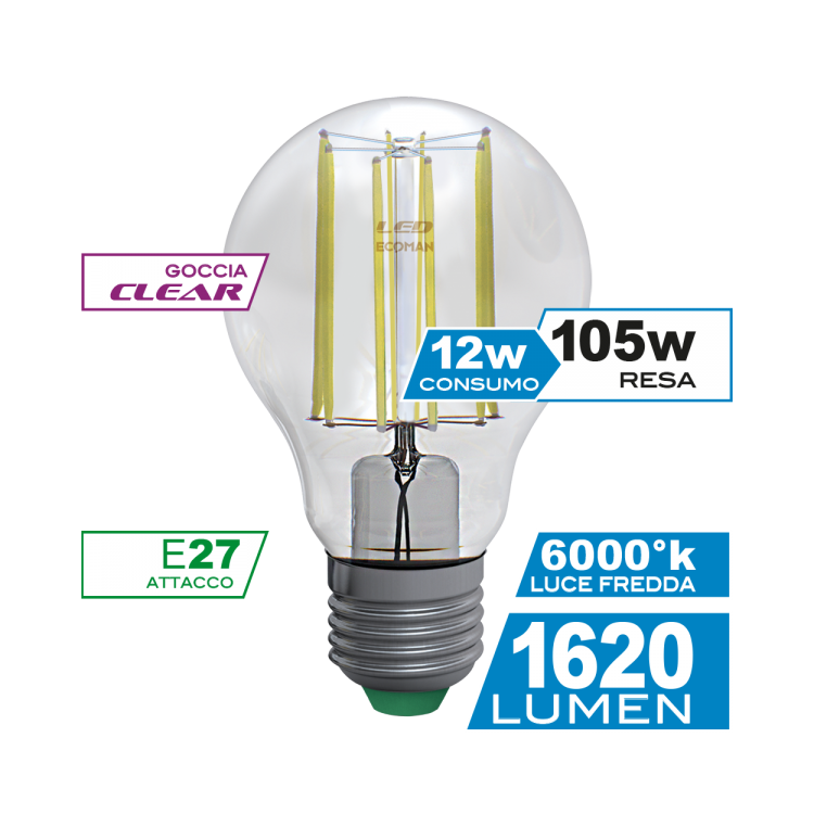 Goccia Filamento Clear 12W E27 Luce Fredda