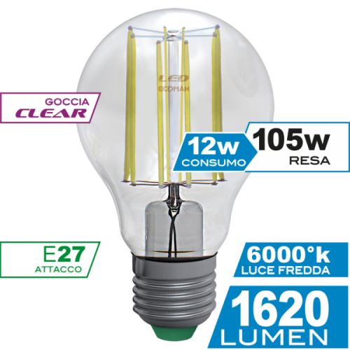 Goccia Filamento Clear 12W E27 Luce Fredda