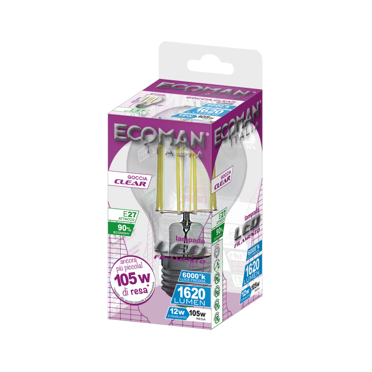Goccia Filamento Clear 12W E27 Luce Fredda