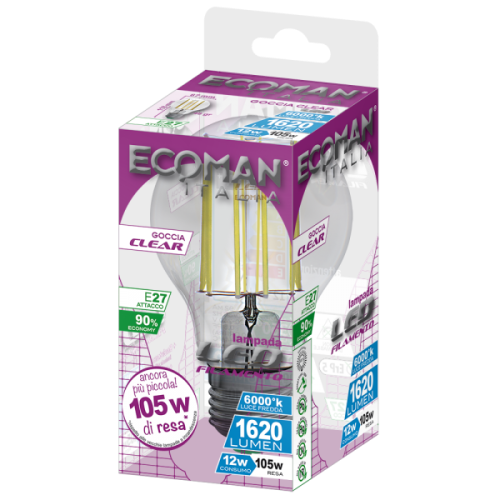 Goccia Filamento Clear 12W E27 Luce Fredda