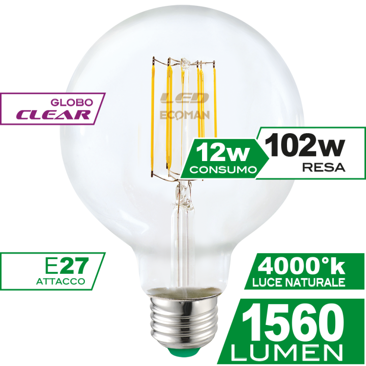 Globo 95 Filamento Clear 12W E27 Luce Naturale