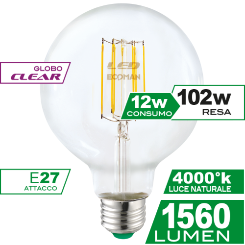 Globo 95 Filamento Clear 12W E27 Luce Naturale
