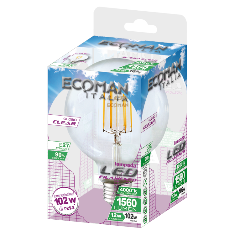 Globo 95 Filamento Clear 12W E27 Luce Naturale