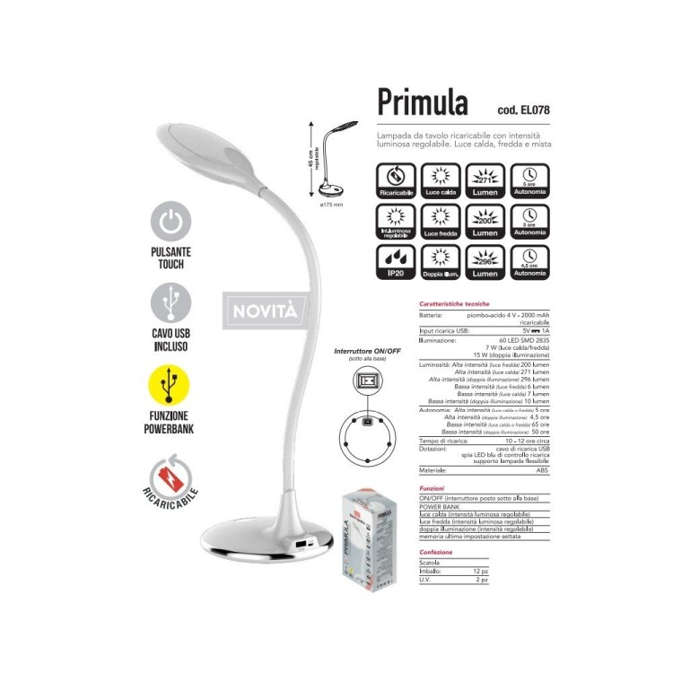 Lampada da scrivania Bianca LED Orientabile Dimmerabile Ricaricabile utile come PowerBank e porta USB 15W