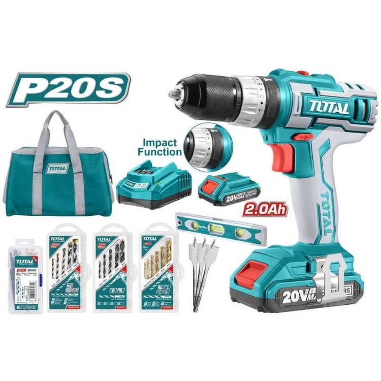 Kit Trapano a Percussione 20V 2 Batterie 2.0 Ah 42 Accessori Punte e Borsa Total