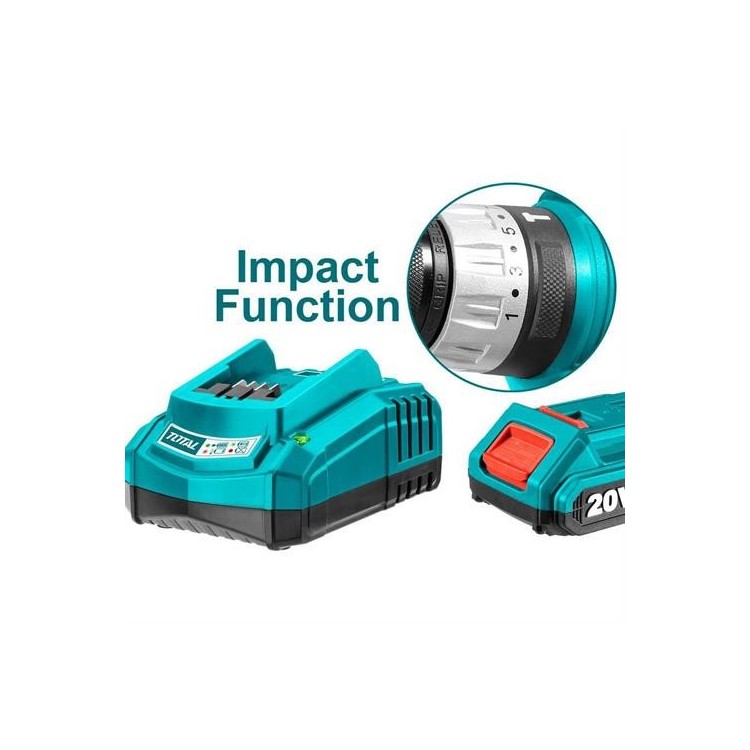 Kit Trapano a Percussione 20V 2 Batterie 2.0 Ah 42 Accessori Punte e Borsa Total