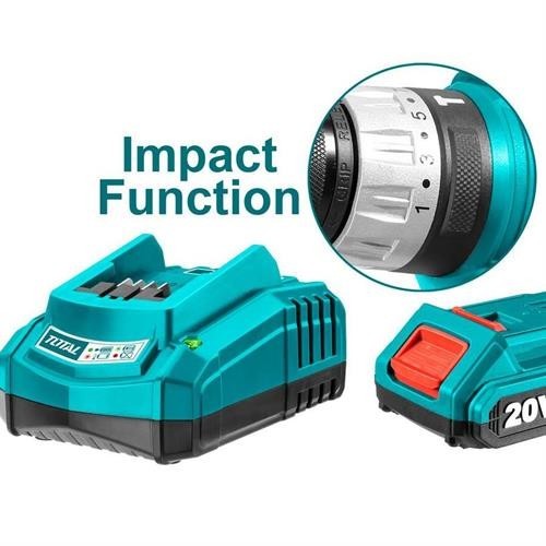 Kit Trapano a Percussione 20V 2 Batterie 2.0 Ah 42 Accessori Punte e Borsa Total