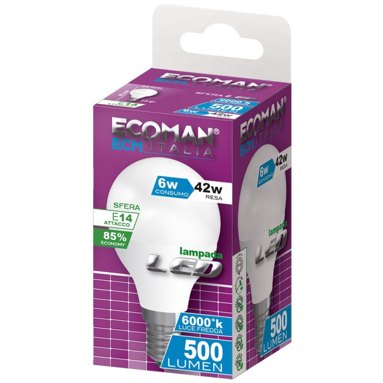 LAMPADINA LED 6W equivalente 42W E14 luce fredda 6500K
