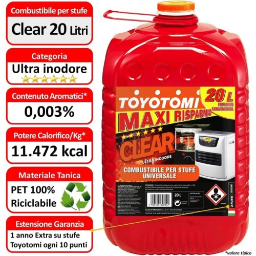 Toyotomi CLEAR20L Clear Ultra inodore per Stufe a combustibile 20 Litri, Aromatici 0.003%