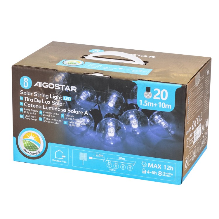 Catena luminosa solare  con luci tonde bianche, luce fredda, 10mt