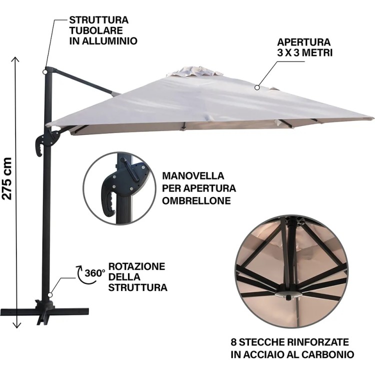 Ombrellone da Giardino Quadrato 3x3 m - Tortora - Lampara Deluxe