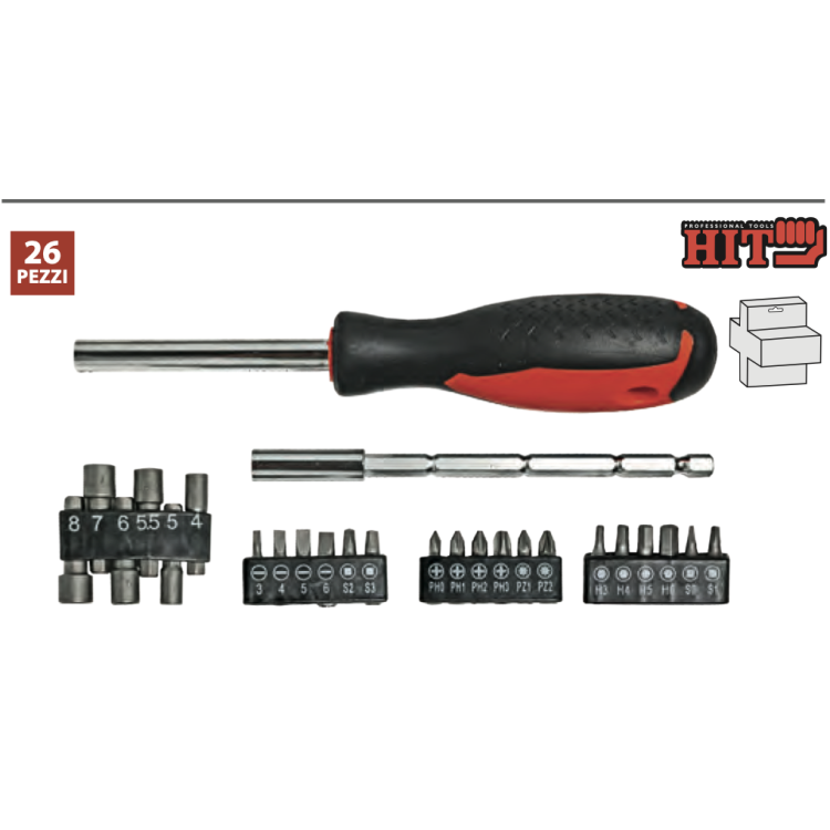 SET 26 PZ CACCIAVITE + BIT + BUSSOLE