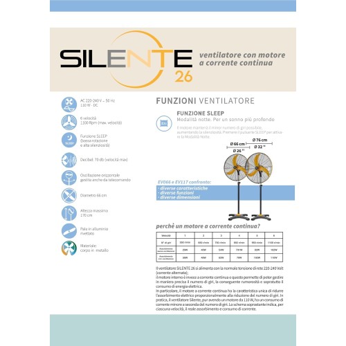 CFG SILENTE 26 EV117 VENTILATORE A PIANTANA CON MOTORE DC CORRENTE CONTINUA DIAMETRO 60CM 70 db 110 W SILENZIOSO