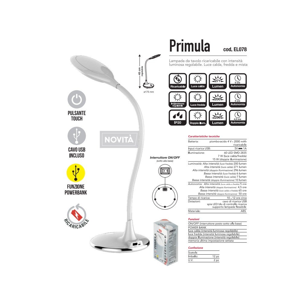 Lampada da scrivania Bianca LED Orientabile Dimmerabile Ricaricabile utile  come PowerBank e porta USB 15W - BricoNew